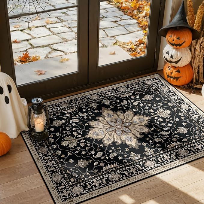 RELEANY Area Rugs 3'x5' Washable Non-Slip, Floral Vintage Distress Print by RELEANY