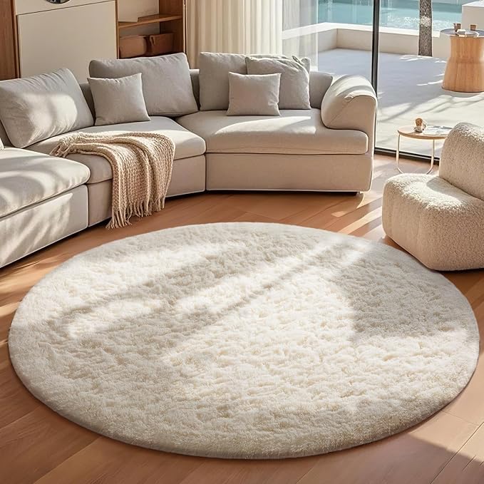 Ophanie Round Rugs 7Ft Ivory Circle Area Rug, Aesthetic Room Decor, Fluffy - Image 3