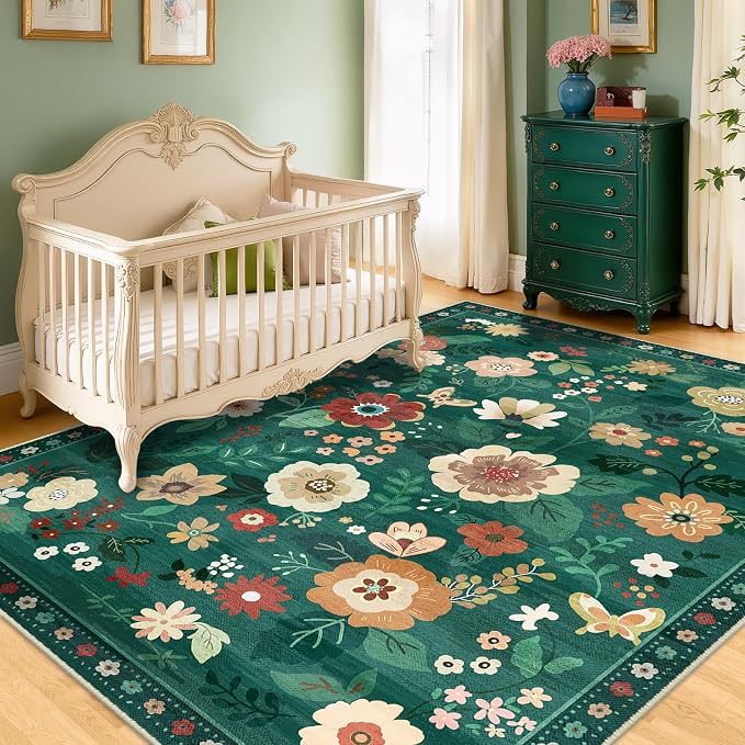 RELEANY Floral Washable 4x6 Area Rugs DarkGreen | Flower Carpet Print Boho Cute - Image 9