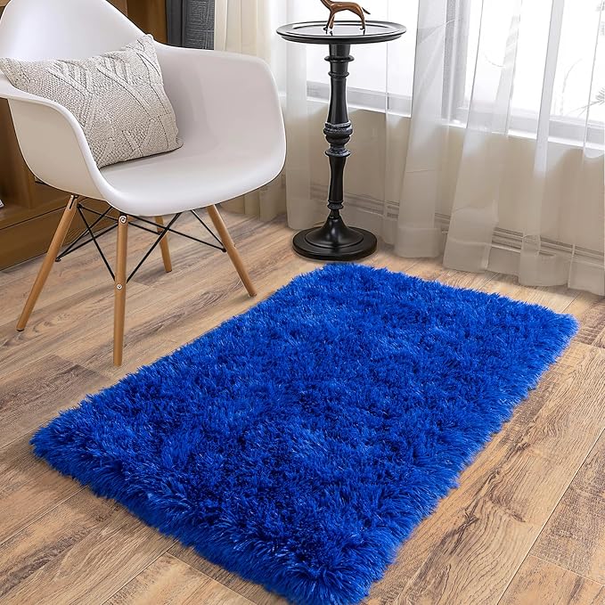 Soft Runner Rugs for Bedroom Hallways, 2x3 Royal Blue Fluffy Shag Throw Area - Image 2