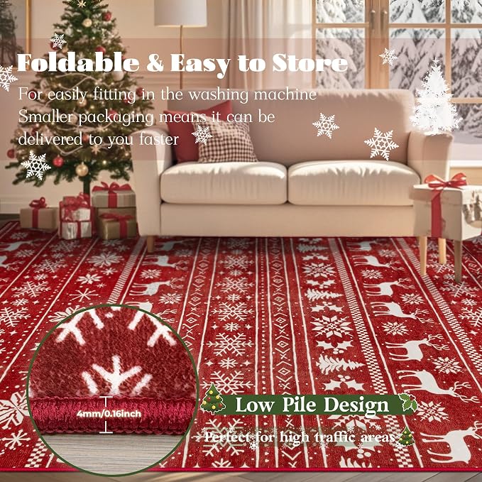 Christmas Rug 8x10 Washable Rugs, Boho Christmas Tree Snowflake Rug Non-Slip - Image 7