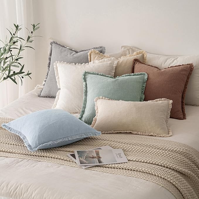 MIULEE Decorative Throw Pillow Covers Neutral Linen Fringe Throw Pillows Set of - Image 6