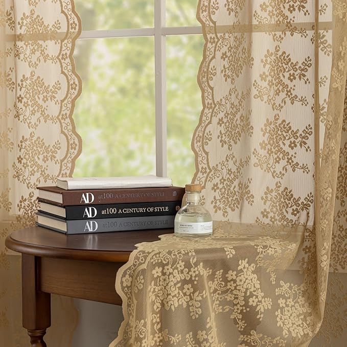 YJ YANJUN Vintage Lace Curtains 63 Inch Length 2 Panels Earthy Neutral Taupe by YJYANJUN