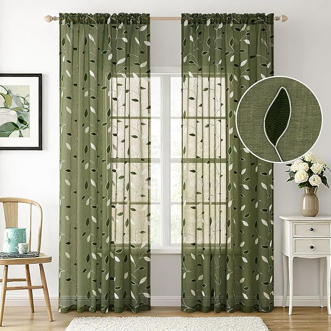 MIULEE Olive Green Sheer Curtains 2 Panels Embroidered Leaf Patterned Rod - Image 2