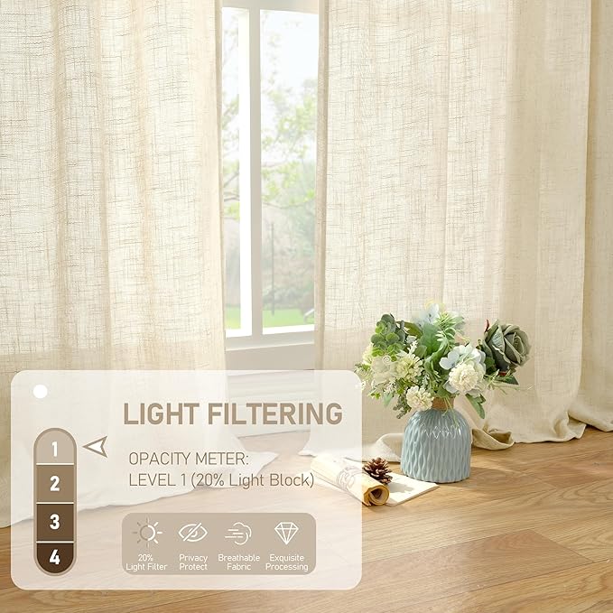 LAMIT Semi Sheer Beige Linen Curtains 72 inch Length, Light Filtering Panels - Image 4