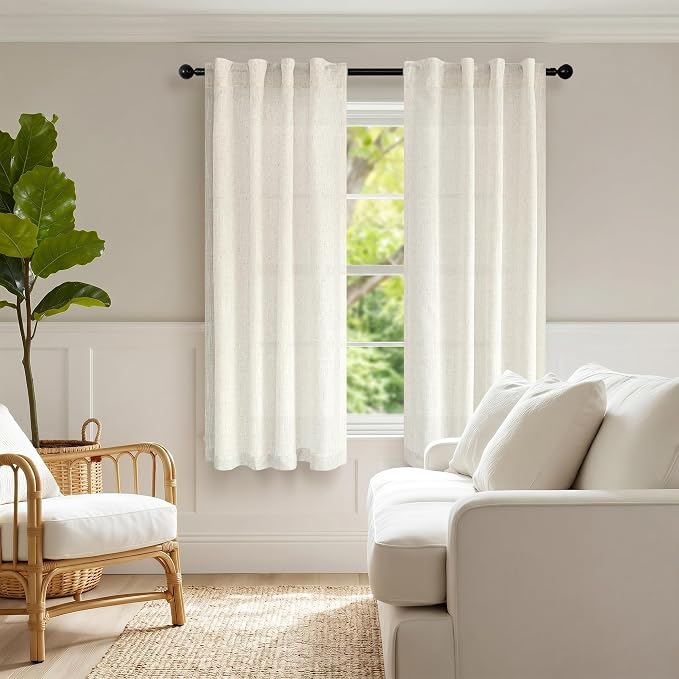 Light Filtering Linen Curtains 54 Inch Length 2 Panels Cream Semi Sheer Airy - Image 6