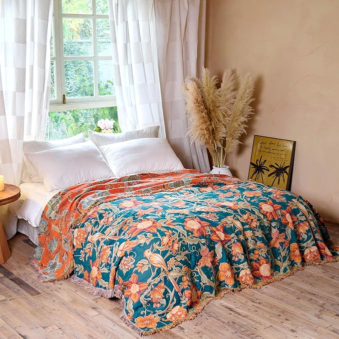 MSGKV Boho Throw Blanket for Couch Chair 100% Cotton Floral Bird Blanket - Image 4