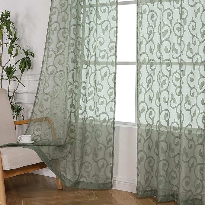 OWENIE Furman Extra Long Sheer Sage Green Curtains 96 inches Long by OWENIE