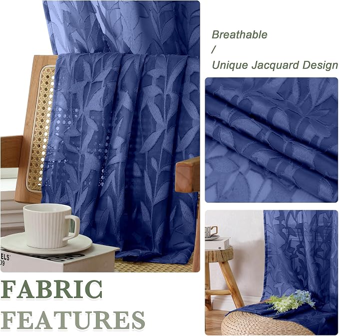 Lecloud Leia Dusty Blue Sheer Kitchen Curtains 30 Inch Length 2 Panels Set - Image 3