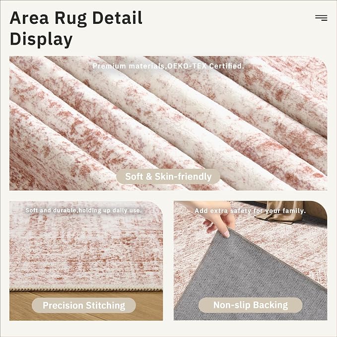 Soalmost 5x7 Area Rugs Pink Low Pile Washable Trendy Faded Style Rug | Vintage - Image 6
