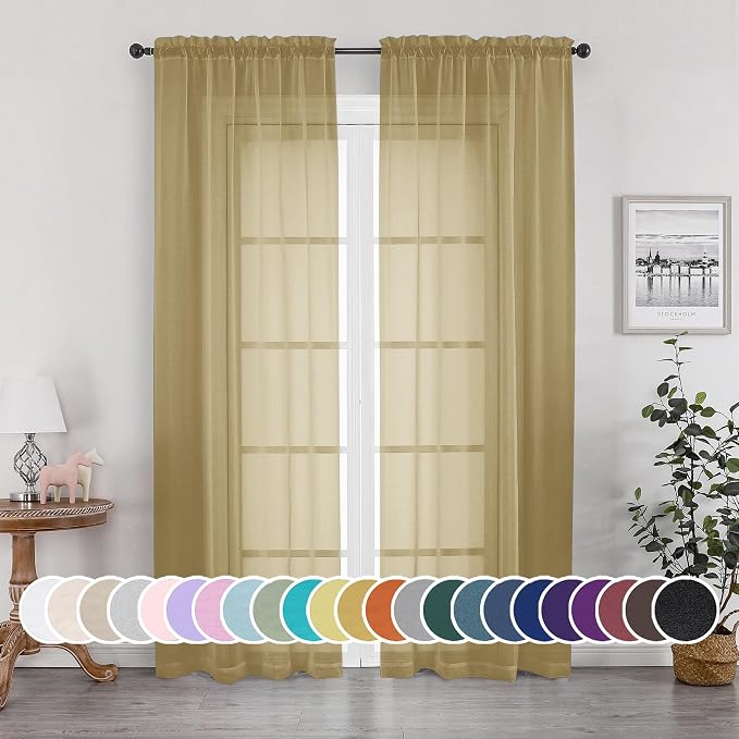 OWENIE Gold Sheer Curtains 84 Inch Length 2 Panels Set, Light Filtering Voile by OWENIE