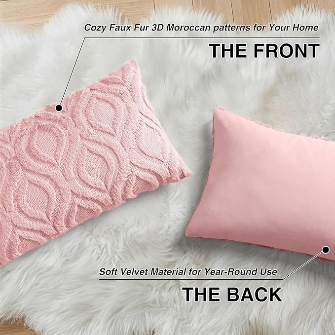 decorUhome Throw Pillow Covers 12x20 Inch Set of 2, Soft Plush Faux Wool Pink - Image 8