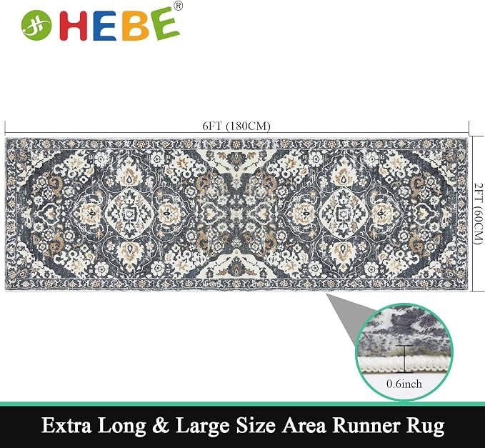HEBE Hallway Runner Rug 2'x6' Washable Vintage Distressed Area Rugs Non Slip - Image 2