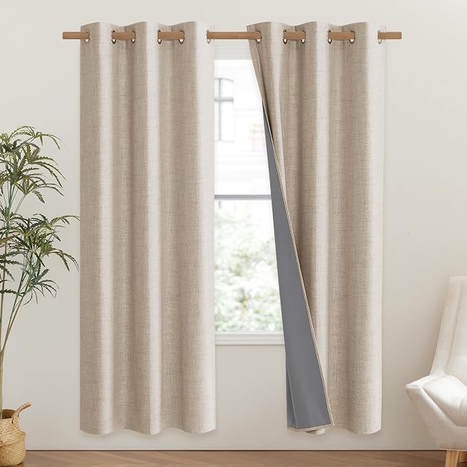 NICETOWN Cream 100% Blackout Linen Curtains 72 inch Long Burg - Image 2