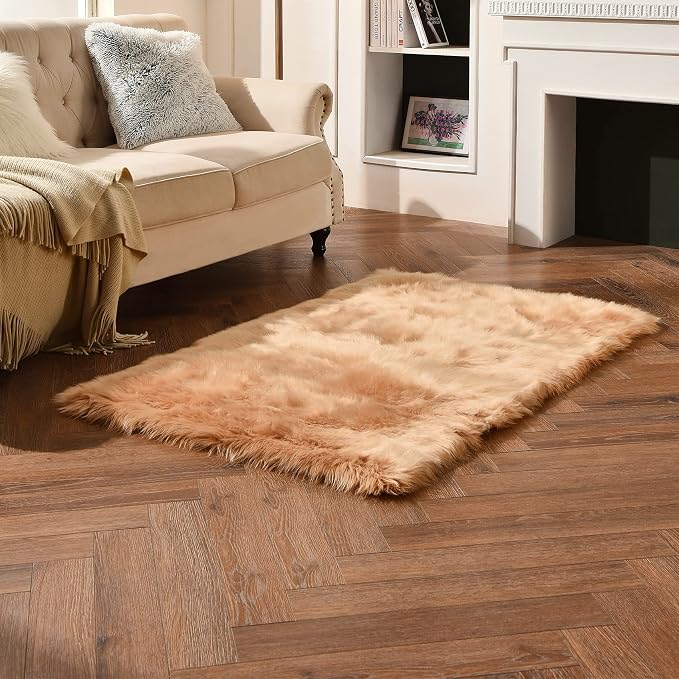 duduta Beige Faux Sheepskin Fur Rug 3x5 ft, Fluffy Shag Bedroom Dorm Nursery - Image 3