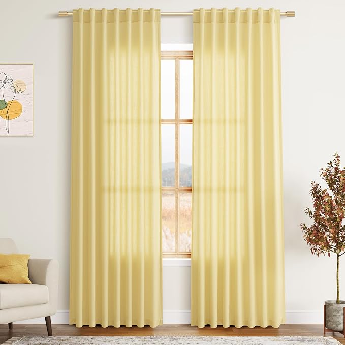 Yellow Linen Blend Drapes 84 Inch Length 2 Panels Set Back Tab Rod Pocket Light by Nanspring