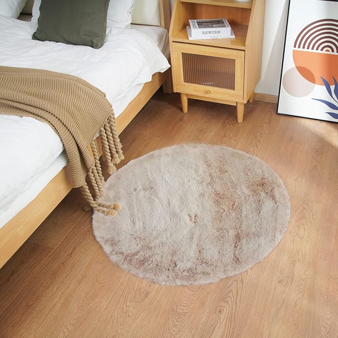 Ghouse Faux Rabbit Fur Round Rug 3ft Light Brown Beige Round Rugs by Ghouse
