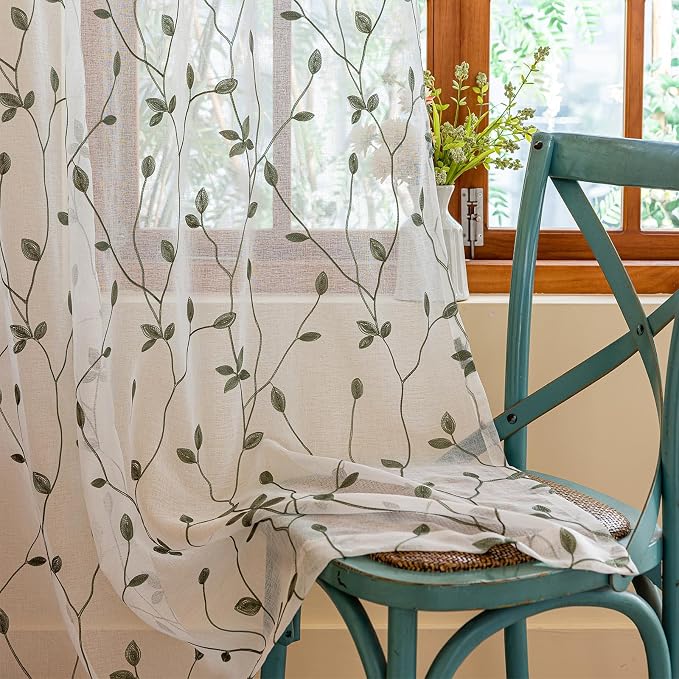 AmHoo 2 Panels Embroidered Leaf Pattern Semi Sheer Curtains Foliage Floral by AmHootextile