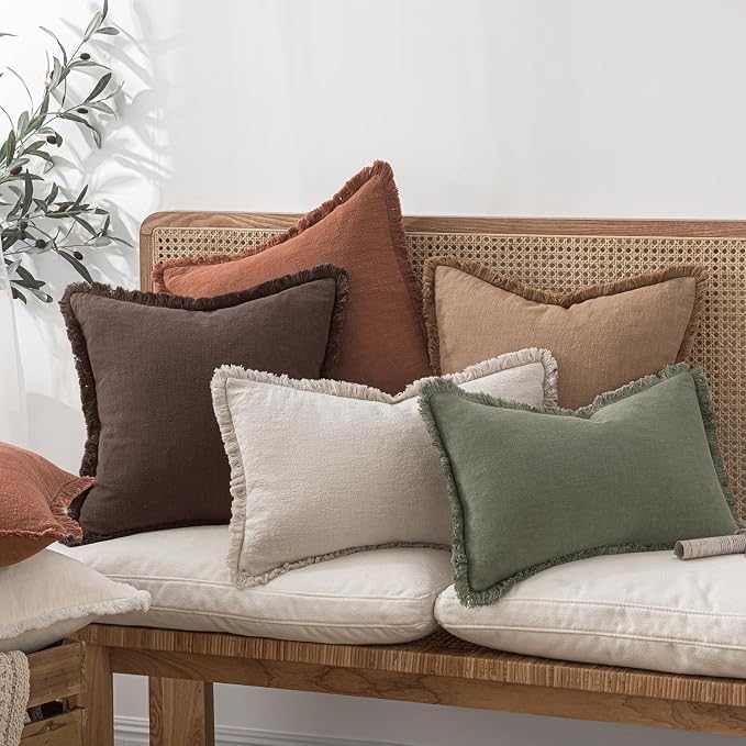 MIULEE Linen Fringe Decorative Fall Euro Pillow Covers Dark Brown 24x24 | Set - Image 2