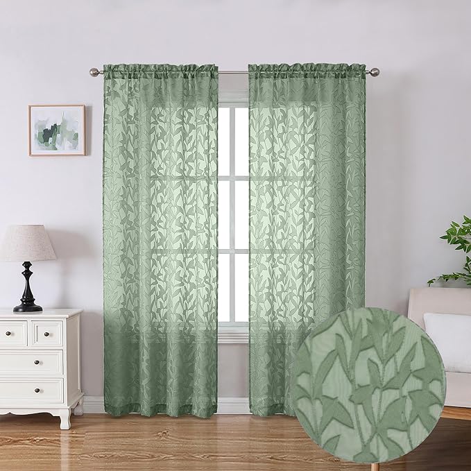 Lecloud Leia 72 Inch Sheer Curtains Sage Green Panels Set of 2, Double Rod by Lecloud