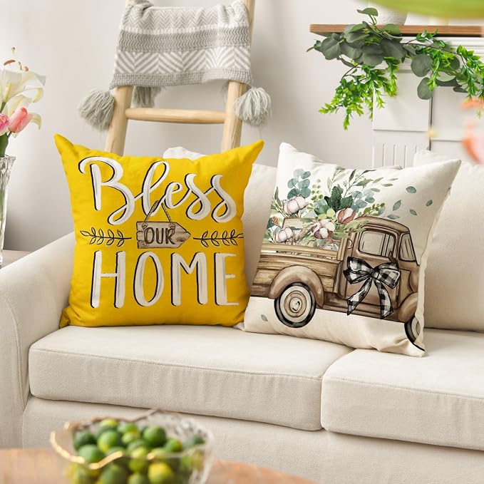 AVOIN colorlife Bless Our Home Farmhouse Eucalyptus Leaves Throw Pillow Covers - Image 3