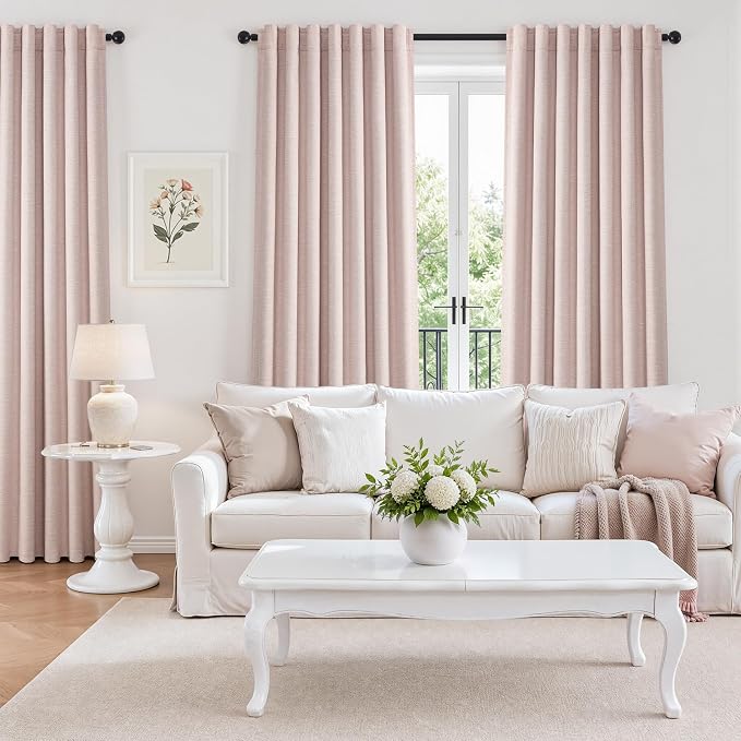 Light Pink Full Blackout Curtains Linen Blended Room Darkening Curtain Panels - Image 3