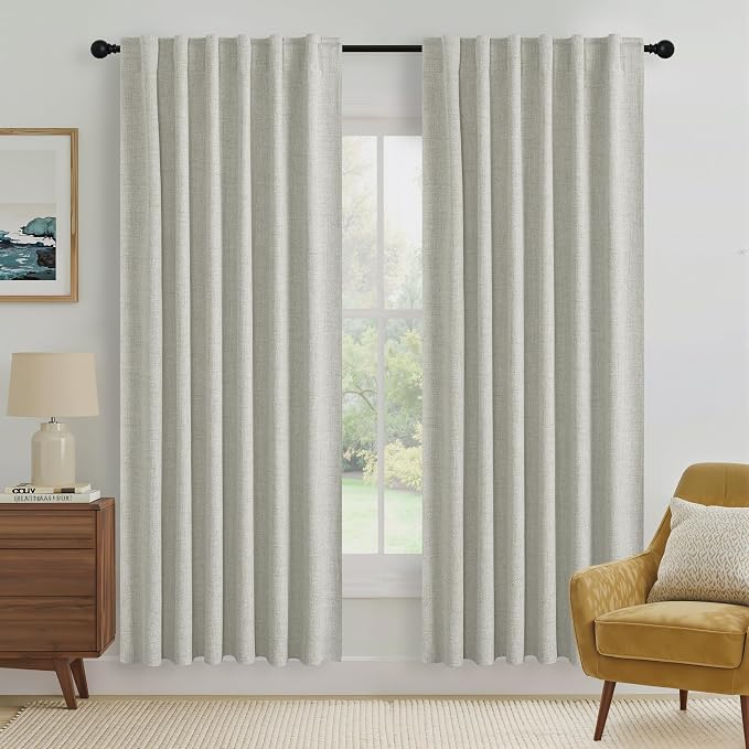 RYB HOME Cream 100% Blackout Linen Curtains 72 inch Long, Thermal Insulated & by RYBHOME