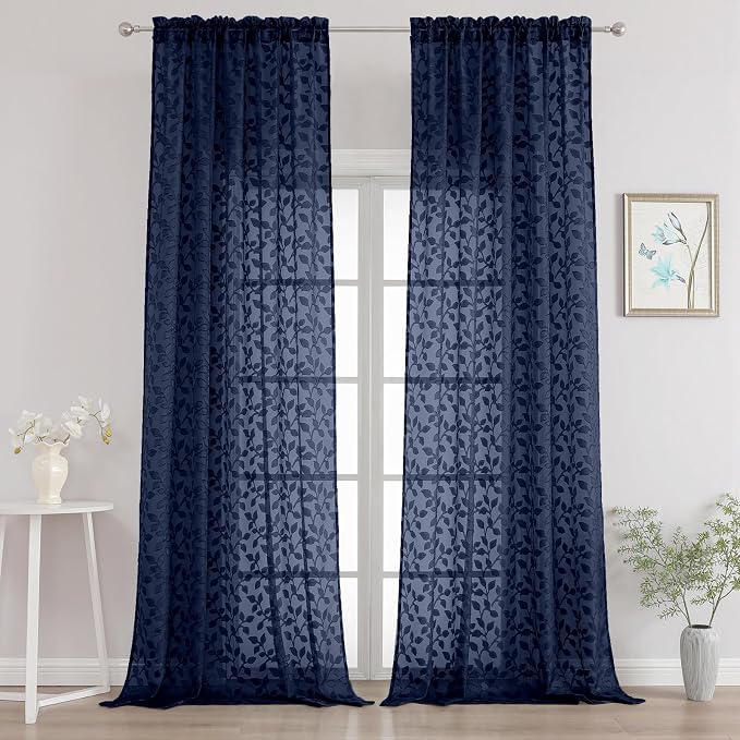 Chyhomenyc Extra Long Navy Blue Sheer Curtains 120 Inch Length 2 Panels Set by Chyhomenyc