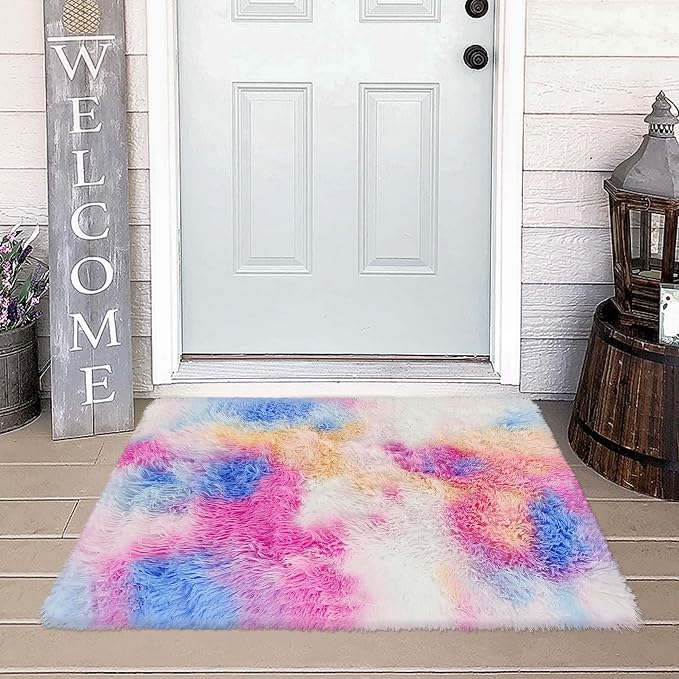 Small Fluffy Colorful Rug for Bedroom Girls 2x3 Mini Kawaii Rainbow Tie Dye - Image 3