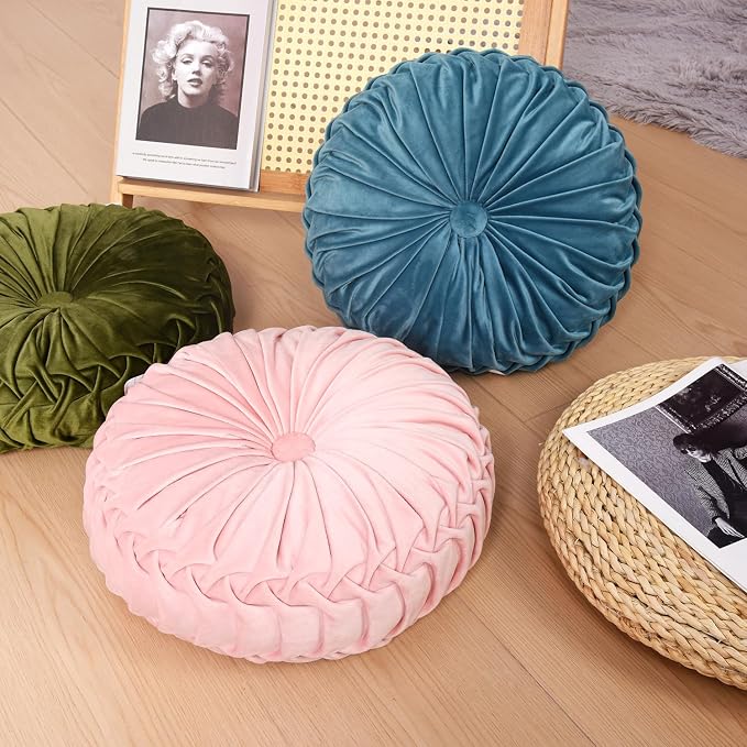 HIG Set of 2 Teal Ruched Velvet Round Throw Pillows – 14.5’’ Decorative Pillows - Image 8