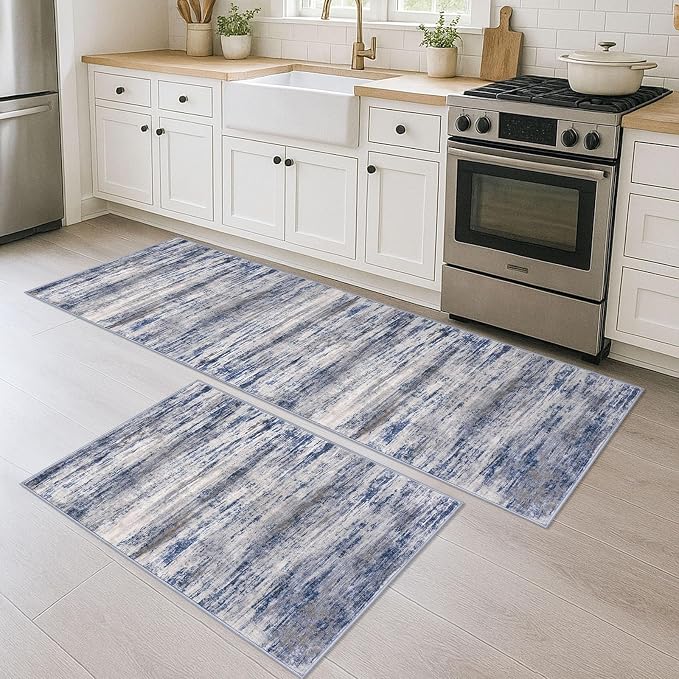 KOZYFLY Modern Abstract Area Rugs 2PCS 2x3 and 2x6 Blue-Grey Machine Washable by KOZYFLY