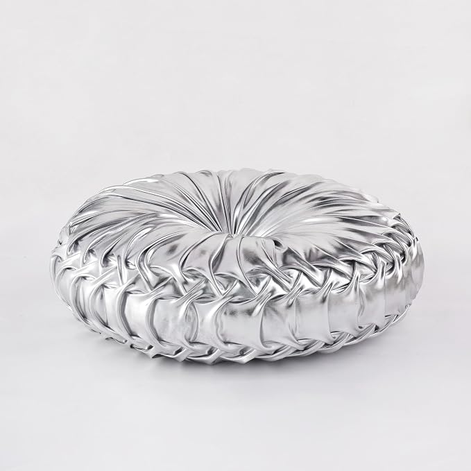 HIG Set of 2 Handcrafted Silver Ruched Round Throw Pillows – 14.5’’ Metallic - Image 6