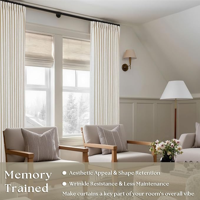 Pinch Pleated Linen Curtains 108 Inches Long Natural 2 Panels Set | Flax Cream - Image 2