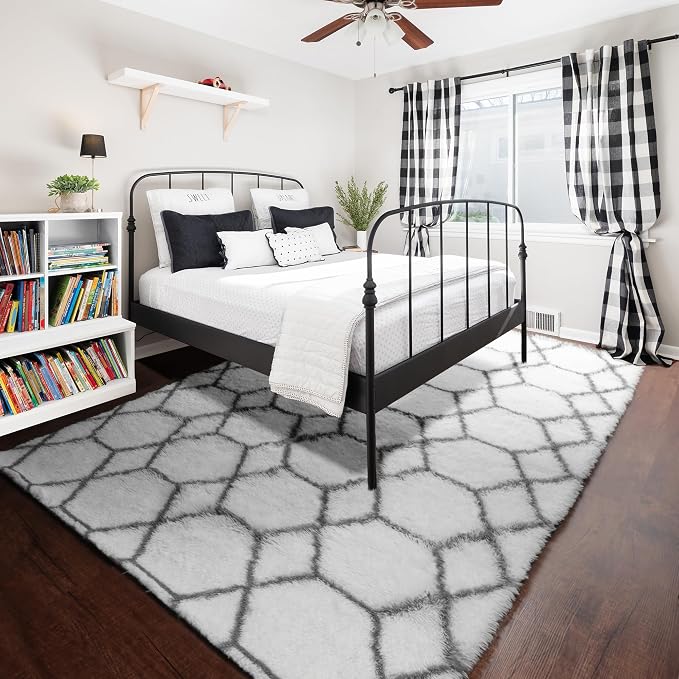 6x9 Area Rugs for Living Room Bedroom, Fluffy White and Grey Geometric Rug | - Image 6