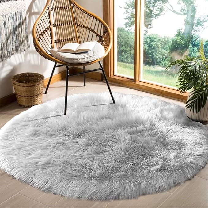 Goolela Grey Round Area Rug 6ft Fluffy Circle Faux Sheepskin Fur Carpet - Image 2