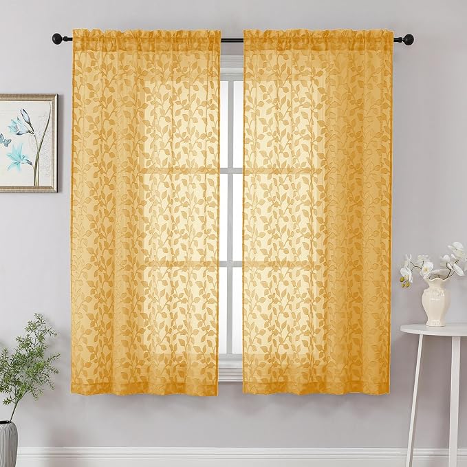 Chyhomenyc Gold Sheer Curtains 63 Inch Length 2 Panels Set, Light Filtering by Chyhomenyc