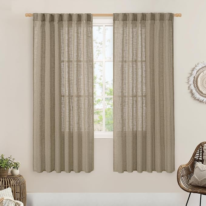 LAMIT Linen Curtains 68 Inch Length 2 Panels, Light Filtering Panels Back Tab by LAMIT