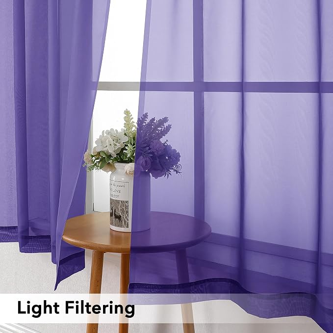 Simplebrand Purple Sheer Curtains 63 Inch Length 2 Panels, Rod Pocket Solid - Image 2