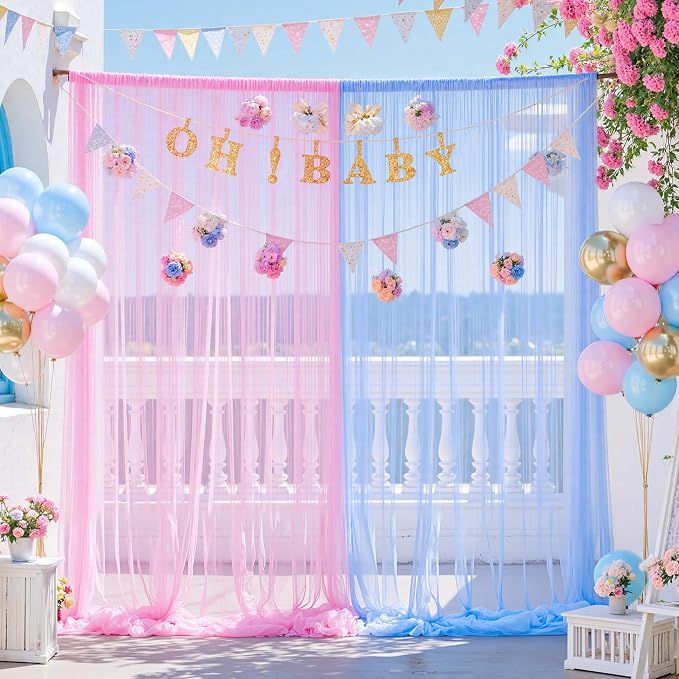 Pink and Blue Backdrop Curtain for Gender Reveal Girl and Boy Party Sheer Tulle - Image 2