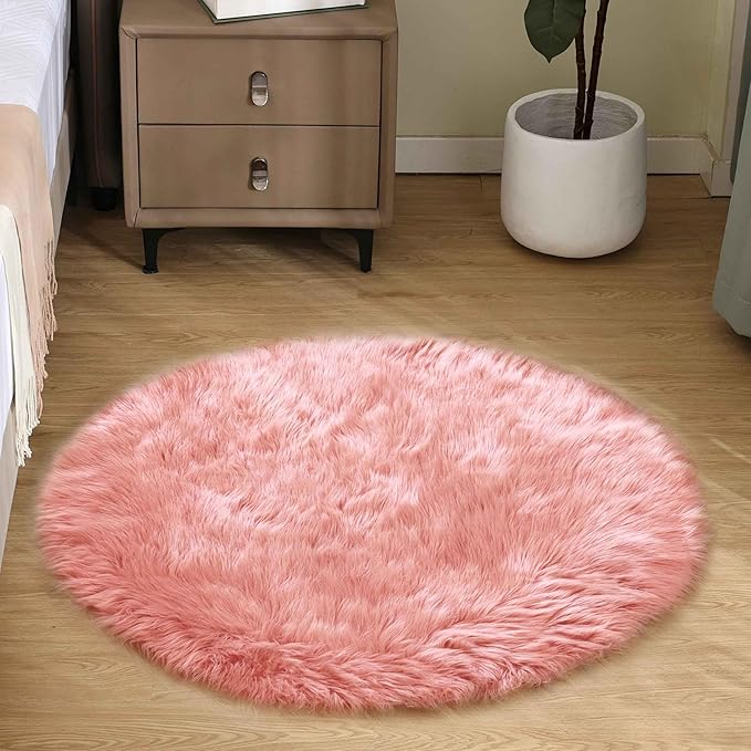 Goolela Pink Round Rug for Girls Bedroom Fluffy Circle Rug 3ft Faux Fur Rug for by Goolela