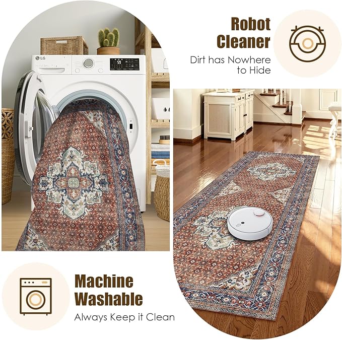 Washable Area Rug 2'6'' x 8' Vintage Traditional Persian Mat - Image 7
