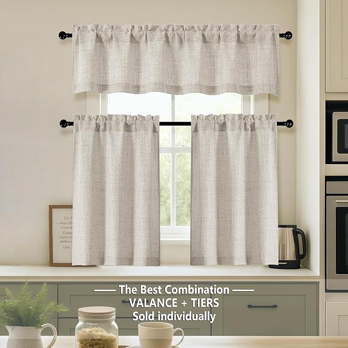 OVZME Valance for Windows, Light Filtering Faux Linen Textured Small Kitchen - Image 2