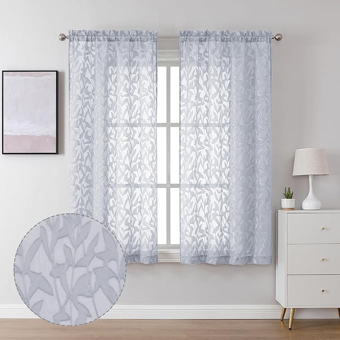 Lecloud Leia Light Grey Sheer Curtains 63 Inch Length 2 Panels, Jacquard Leaf by Lecloud