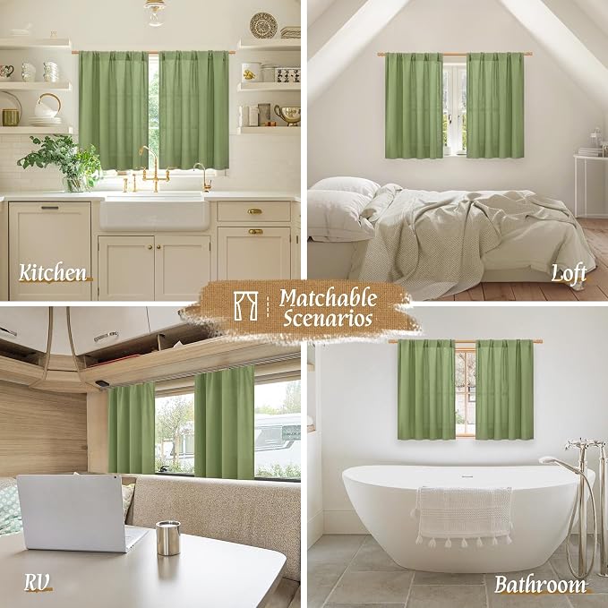 LAMIT Green Linen Curtains for Small Windows, 45 Inches Long Light Filtering - Image 6