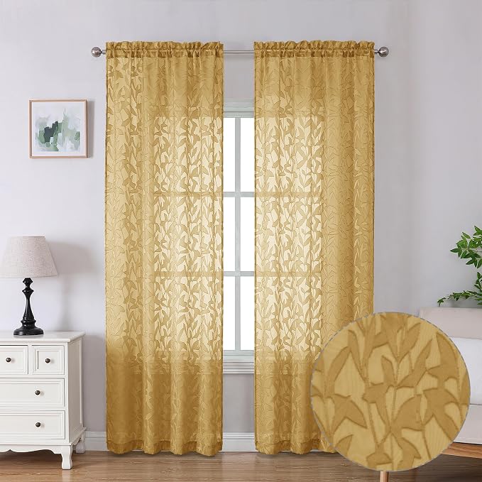 Lecloud Leia Dark Gold Sheer Curtains 90 Inches Long 2 Panels, Textured French by Lecloud