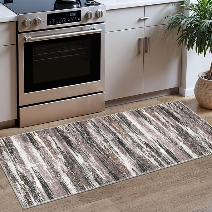 Lansny Modern Abstract Runner Rug 2x5, Dark Light Brown White Washable Kitchen by lansny