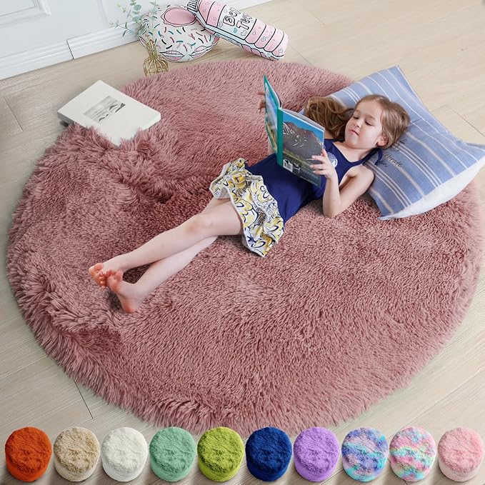 Amdrebio Blush Fluffy Round Rug 4Ft by Amdrebio