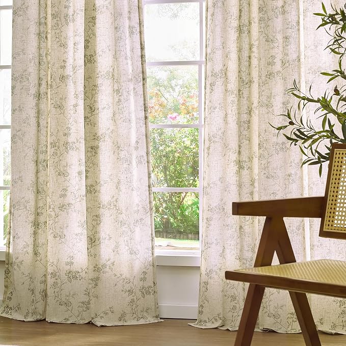 Lazzzy Green Floral Linen Curtains 84 Inch Farmhouse Back Tab Drapes - Image 9