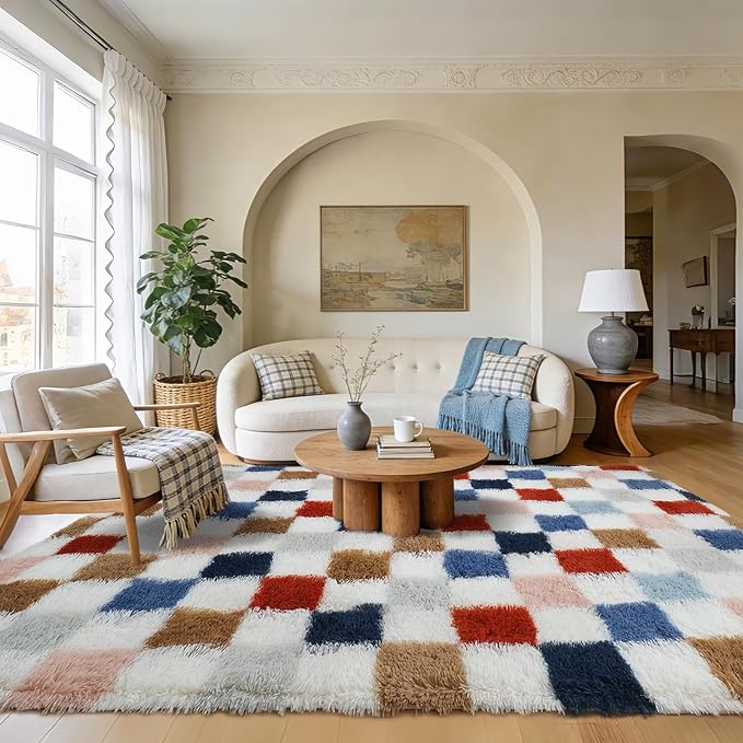 Shag Area Rug for Bedroom Living Room, 4x6 Fluffy Soft Colorful Checkered Rug - Image 2