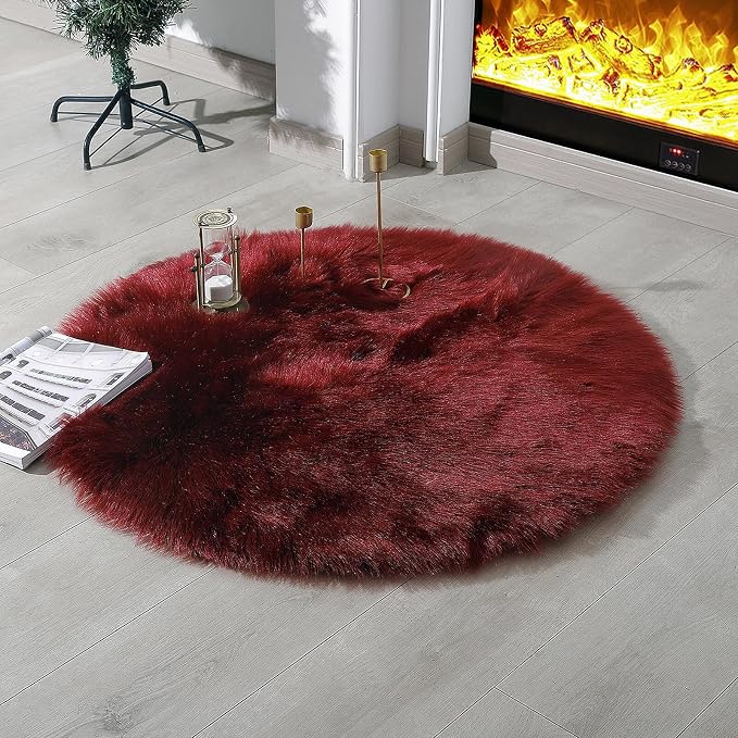 linmopm Faux Fur Rug Sheepskin Shag Fluffy Fuzzy Red 3x3 ft Rugs by Limopmfauxfurproducts